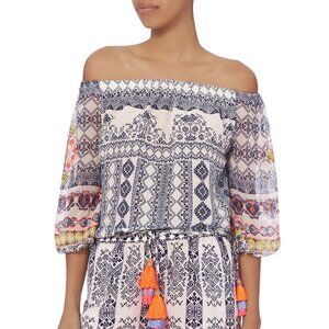 Rococo Sand Off-Shoulder Blouse in Blue and White